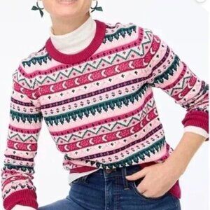 J. CREW Sweater Womens XL Pink Green Fair Isle Argyle Crewneck Cabincore Holiday